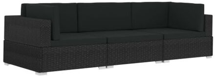 3-delige Loungeset met kussens poly rattan zwart