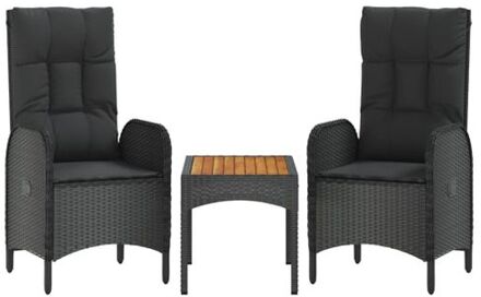 3-delige Loungeset met kussens poly rattan zwart