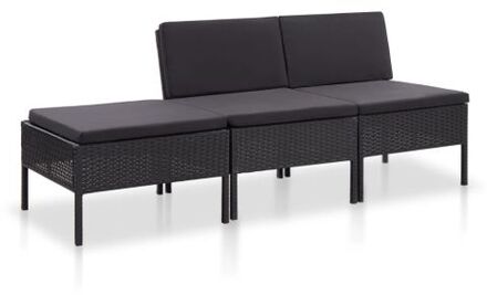 3-delige Loungeset met kussens poly rattan zwart