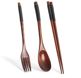 3-Delige Set Servies Vork Eetstokjes Lepel Koreaanse/Japan Houten Massief Hout Lange Steel Lepel Eetstokjes Keuken Gereedschap servies Korean 01