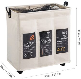 3 Divider Huishoudelijke Wasmand Wasmand Sorter Box Bin Container Organizer Voor Doek Badkamer Waszakken Met Wielen Handvat beige