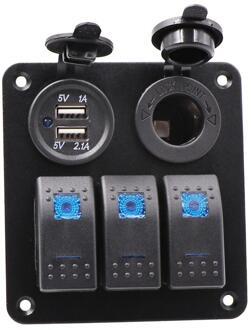 3 Gang Switch Panel 12 V Waterdicht Boot Marine Auto Rocker Schakelaar Paneel met Blauwe LED Light + Dual USB Charge Port
