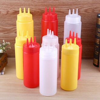 3 Gaten Twist Cap Squeeze Fles Food Grade Plastic Ketchup Mosterd Mayo Sauzen Olijfolie Flessen Keuken Gadgets geel 450ml