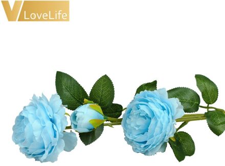 3 Heads Kunstmatige Rose Pioen Bloem Tak Met Bladeren Zijden Bloemen Pioenen Voor Indoor Thuis Tafel Decor Diy Bruiloft Decoratie blauw