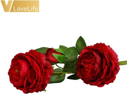 3 Heads Kunstmatige Rose Pioen Bloem Tak Met Bladeren Zijden Bloemen Pioenen Voor Indoor Thuis Tafel Decor Diy Bruiloft Decoratie rood
