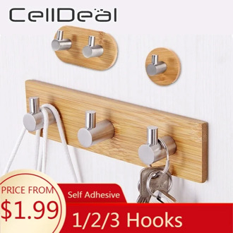 3 Hooks Kitchen Dining Self Adhesive Wood Bamboo Stainless Clothes Hook Wall Steel Bag Headphone Key Hanger Coat Towel Hook