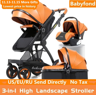 3 in 1 Baby Stroller High-view Luxury Travel Pram Portable Bebe Carriages Two-way PU Leather Aluminum Alloy Frame For Newborn