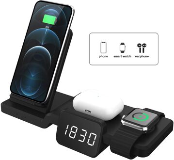 3 In 1 Draadloze Oplader Snel Opladen Dock Station Met Klok Tijd Display Voor Iphone Airpods Iwatch 6 Se Draadloze charger Stand
