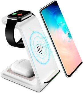 3 In 1 Draadloze Oplader Voor Apple Horloge 7/6/Se/5/4/3/2 45/41/44/40/42/38 Mm Iphone Airpods Pro 10W Snelle Draadloze Lading Stand wit