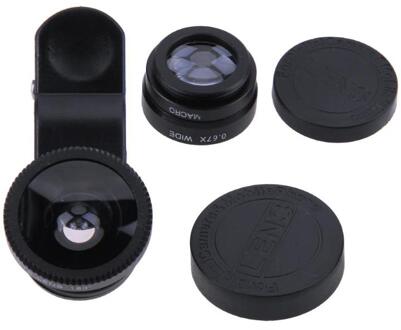 3 In 1 Mini Fisheye Camera Lens Met Clip Mobiele Telefoon Groothoek Macro Camera Lens Kit Draagbare Demontabel Foto accessoires zwart