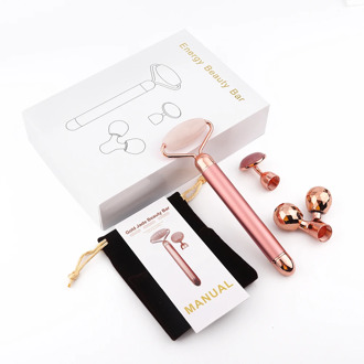 3 In 1 Vibrating Facial Jade Roller Set Rose Quartz Jade Roller Stone with 3 Replaceable Heads Face Slimming Lifting Massager