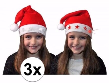 3 kerstmutsen met witte sterretjes en verlichting voor kids - Kerstmutsen Rood