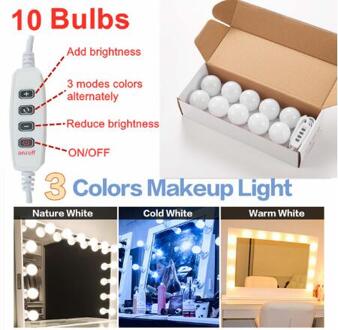 3 Kleuren Led Make-Up Spiegel Licht Dimmen Beauty Volledige Backlit Spiegel Usb Licht 2/4/6/8/10/12 Bollen Hollywood Make Up Lamp 10 bulbs