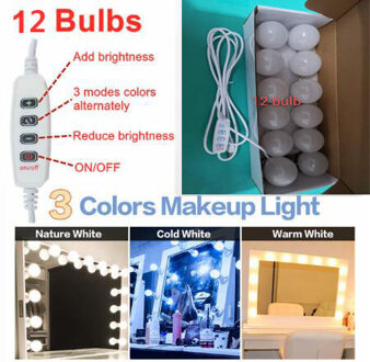 3 Kleuren Led Make-Up Spiegel Licht Dimmen Beauty Volledige Backlit Spiegel Usb Licht 2/4/6/8/10/12 Bollen Hollywood Make Up Lamp 12 bulbs