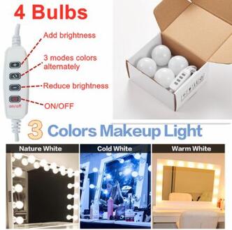 3 Kleuren Led Make-Up Spiegel Licht Dimmen Beauty Volledige Backlit Spiegel Usb Licht 2/4/6/8/10/12 Bollen Hollywood Make Up Lamp 4 bulbs