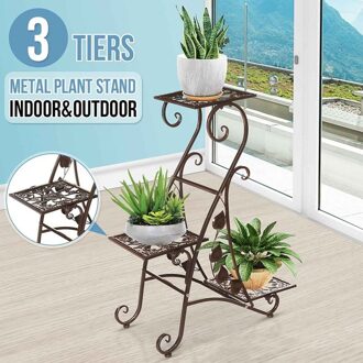 3 Layer Bloem Stand Metal Plant Pot Stand Bloem Display Plank Tuin Patio Home Outdoor Zwarte Bloem Lade Woondecoratie Bruin