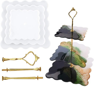 3-Layer Cake Stand Silicone Resin Molds, Geode Eepoxy Tray Wave Square Casting Mold for Table Decoration Making Cupcake Serving