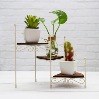 3-Layer Retro Iron Plant Rack Stand Plant Succulent Shelf Staircase Desktop Garden Flower Stand with Wood Plate Home Decorative