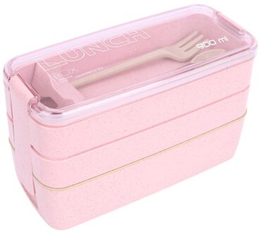 3 Layer Tarwe Stro Bento Dozen 900ml Gezonde Materiaal Lunchbox Magnetron Servies Voedsel Opslag Container Lunchbox Roze