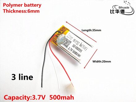3 lijn Goede Qulity 3.7 V, 500 mAH, 602035 lithium Polymeer ion/Li-Ion batterij voor SPEELGOED, POWER BANK, GPS, mp3, mp4