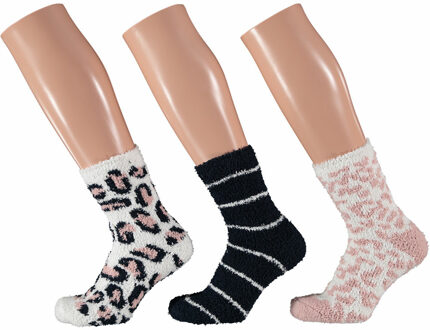 3-Pak dames fluffy bedsokken/huissokken animal/stripe maat 36-41 - Huissokken Multikleur