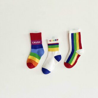 3 Paren/partij Kinderen Sokken Lente Koreaanse Mode Regenboog Strip Baby Sokken Kids Jongens Meisjes Katoen Sport Sokken Rood / 6-8T