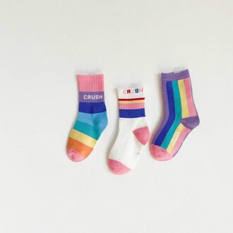 3 Paren/partij Kinderen Sokken Lente Koreaanse Mode Regenboog Strip Baby Sokken Kids Jongens Meisjes Katoen Sport Sokken Roze / 6-8T