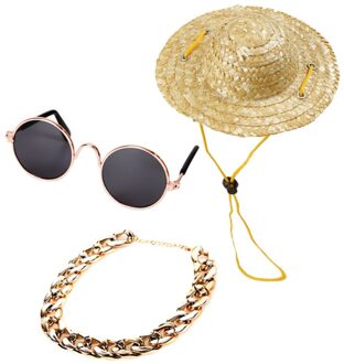 3 Pcs Pet Zonnebril Hond Eye-Wear Kat Glazen Ketting Strohoed Tie Little Puppy Hond Foto Rekwisieten Hond kat Levert