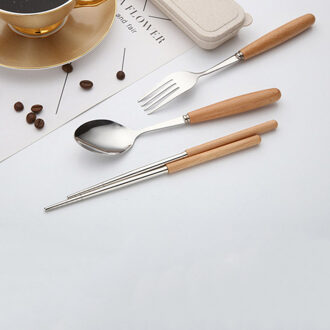 3 Pcs Roestvrij Staal Bestek Set Outdoor Draagbare Beuken Handvat Chopstick Lepel Vork Set Servies Set Met Beschermende Opslag