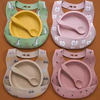 3 Piece BPA Free Baby Silicone Cutlery Toddler Dinner Plate And Spoon Printed Waterproof Bibs Cartoon Saliva Towel For Kids