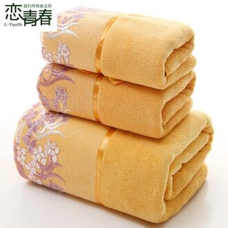 3 stks/partij Handdoek Set Kant Grens Borduurwerk Microfiber 2 st Gezicht Handdoek + 1 st Badhanddoek Elegante Patroon Badstof Donker Kaki