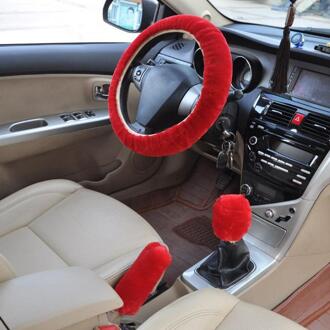 3 stks/set Auto Auto Winter Zachte Stuurhoes + Handrem Cover + pookknop Covers/Warm Super Dikke pluche Versnellingspook Kraag Rood