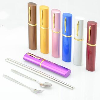 3 stks/set Draagbare Reizen Servies Set Roestvrij Staal Vork Lepels Vouwen Eetstokjes Roze