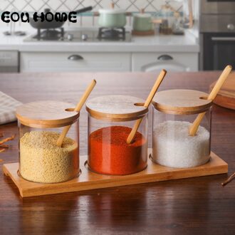 3 stks/set Glas Herb Spice Gereedschappen Kruiden Fles Glas Suiker Zout Opslag Jar Spice Potten met Houten Lepel Keuken Accessoires
