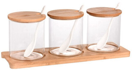 3 Stks/set Glas Kruidkruik Met Lepel Spice Container Organizer Kruiden Blikjes Peper Shaker Opbergdoos Met Lade Keuken