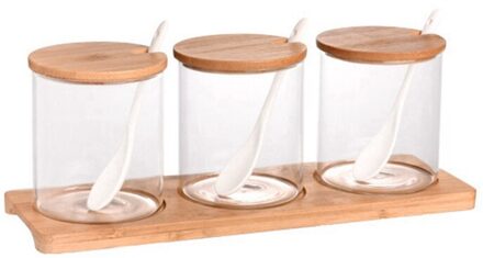 3 stks/set Glas Kruidkruik Met Lepel Spice Container Organizer Kruiden Blikjes Peper Shaker Opbergdoos Met Lade Keuken