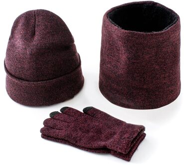 3 Stks/set Heren Gebreide Muts Handschoenen Sjaal Set Xmas Winter Warming Hoed Volledige Cover Handschoen Nyz Winkel wijn rood