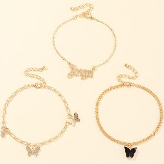3 Stks/set Multi-layer Vlinder Enkelbandje Armband Op Been Charm Gouden Ketting Enkelbanden Voor Vrouwen Meisjes Boho Sieraden Strand accessoires reeks 2