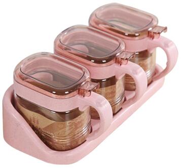 3 stks/set Plastic Kruiden Opbergdoos Tarwe Stro Milieuvriendelijk Muur Opknoping Glas Kruiden Container Keuken Gereedschap 30E roze