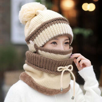 3 stks/set Vrouwen Moderne Gebreide Wol Hoed Mode Winddicht Warm Masker Sjaal Set Buiten Activiteiten Plus Fluwelen Sportwear Schaatsen Beige