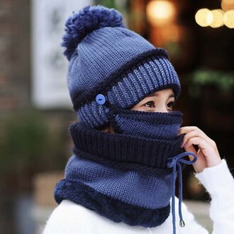 3 stks/set Vrouwen Moderne Gebreide Wol Hoed Mode Winddicht Warm Masker Sjaal Set Buiten Activiteiten Plus Fluwelen Sportwear Schaatsen blauw