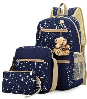 3 Stuk Student Mode Schooltas Vrouwelijke Koreaanse Canvas Afdrukken Grote Capaciteit Rugzak Outdoor Reizen Multifunctionele All-Match diep blauw