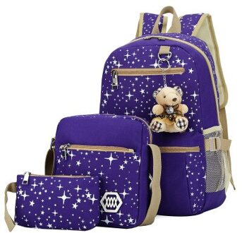 3 Stuk Student Mode Schooltas Vrouwelijke Koreaanse Canvas Afdrukken Grote Capaciteit Rugzak Outdoor Reizen Multifunctionele All-Match paars