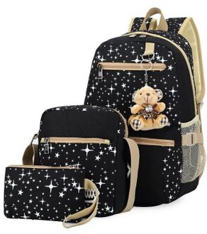 3 Stuk Student Mode Schooltas Vrouwelijke Koreaanse Canvas Afdrukken Grote Capaciteit Rugzak Outdoor Reizen Multifunctionele All-Match zwart