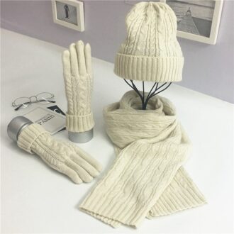 3 Stuks Set Winter Gebreide Muts Sjaal Handschoenen Voor Vrouwen Beanie Dames Gebreide Sjaals Vrouwen Mode Winter Kleding Accessoires Pak Beige
