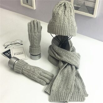 3 Stuks Set Winter Gebreide Muts Sjaal Handschoenen Voor Vrouwen Beanie Dames Gebreide Sjaals Vrouwen Mode Winter Kleding Accessoires Pak Grijs