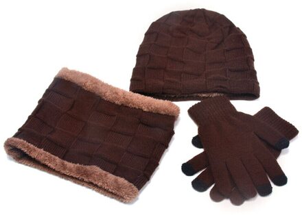 3 stuks Winter Set Vrouwen mannen Hoed Sjaal Handschoenen Set Warm Thicken Winter Muts Sjaal Touch Screen Handschoenen Unisex accessoires Cadeau Bruin
