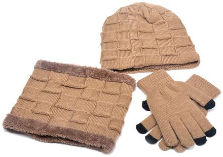 3 stuks Winter Set Vrouwen mannen Hoed Sjaal Handschoenen Set Warm Thicken Winter Muts Sjaal Touch Screen Handschoenen Unisex accessoires Cadeau khaki