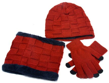 3 stuks Winter Set Vrouwen mannen Hoed Sjaal Handschoenen Set Warm Thicken Winter Muts Sjaal Touch Screen Handschoenen Unisex accessoires Cadeau Rood