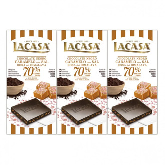3 tablets black Chocolate 70% cocoa with caramel and Himalayan Rose Salt · 100g.